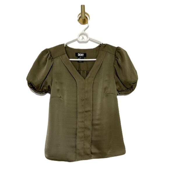 DKNY Olive Green Puff Sleeve V-Neck Fashion Blouse  XS NWT - Picture 1 of 10